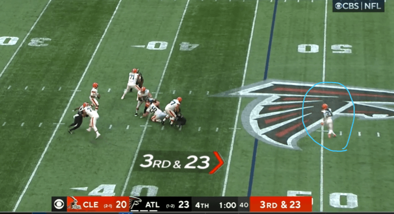 Jacoby Brissett drops back on 3rd and 23 on the final drive.